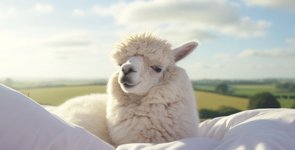 Alpaca laying on a white duvet in the British countryside.