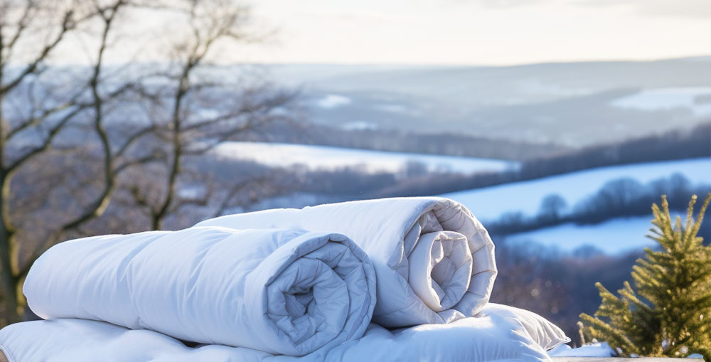 Luxurious THREE Duvets split-tog duvet on a rustic wooden bench in the serene British countryside, showcasing the mix and match winter sections.