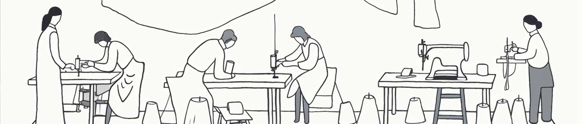 Line drawing of a seamstress crafting the alpaca duvet sections